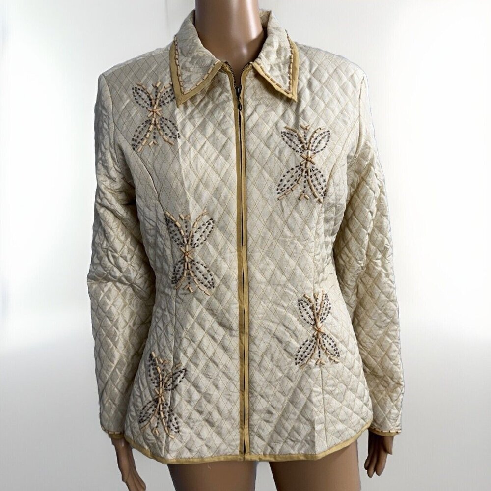 VTG Silkland 100% Pure Silk Embellished Wood Beads Quilted Jacket Full Zip Sz M